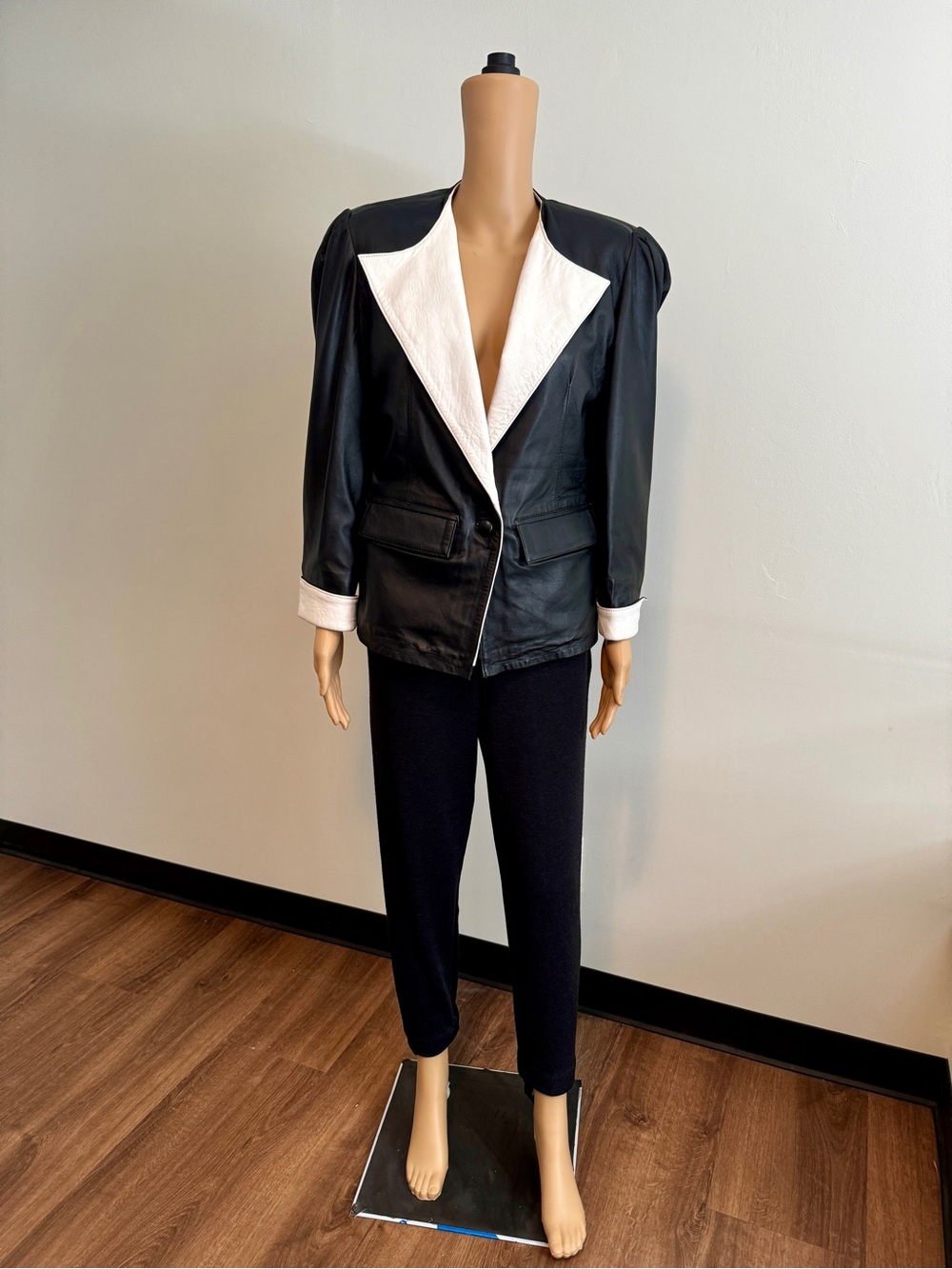 80s Vintage Black & White Leather Blazer Jacket